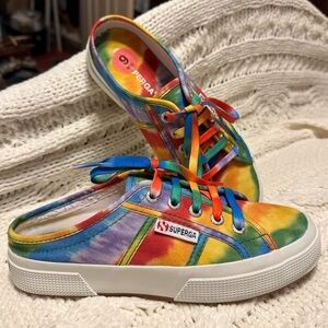 Like New tie dye Superga slip on sneakers 36 6 red blue green yellow purple pink
